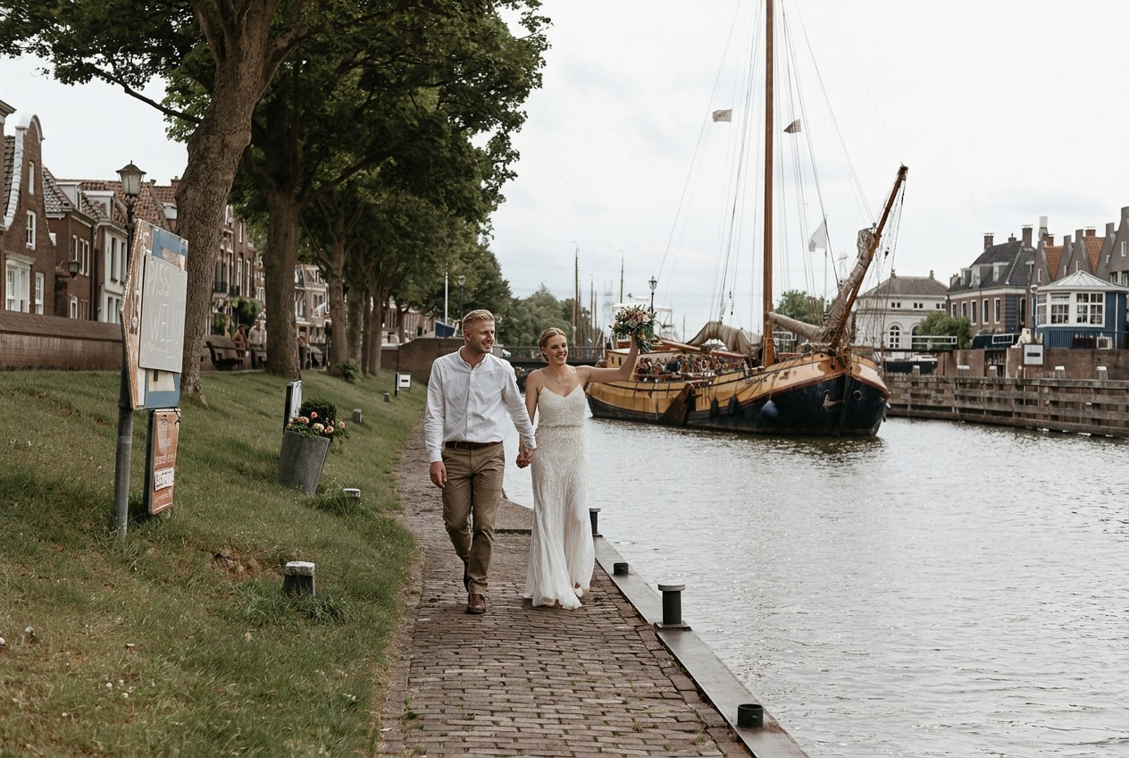 Bruidspaar op een klassieke salonboot in een Amsterdamse gracht tijdens het gouden uur