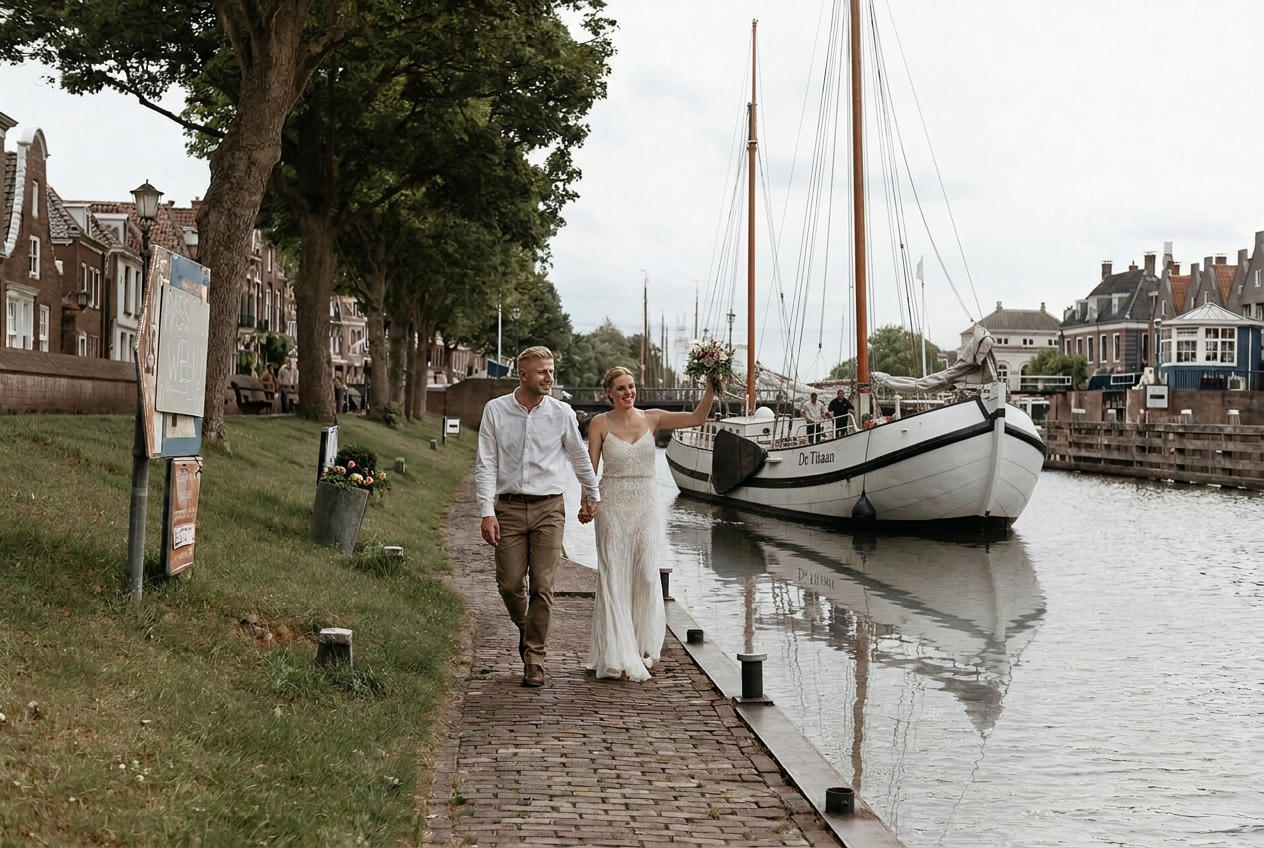 Bruidspaar op een klassieke salonboot in een Amsterdamse gracht tijdens het gouden uur