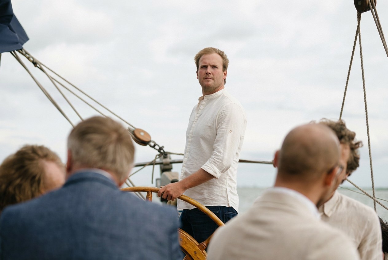 Schipper aan het roer terwijl het schip onder zeil ligt