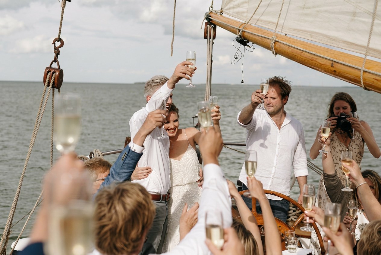 Bruiloftsgasten proosten met champagne op het dek tijdens de vaart