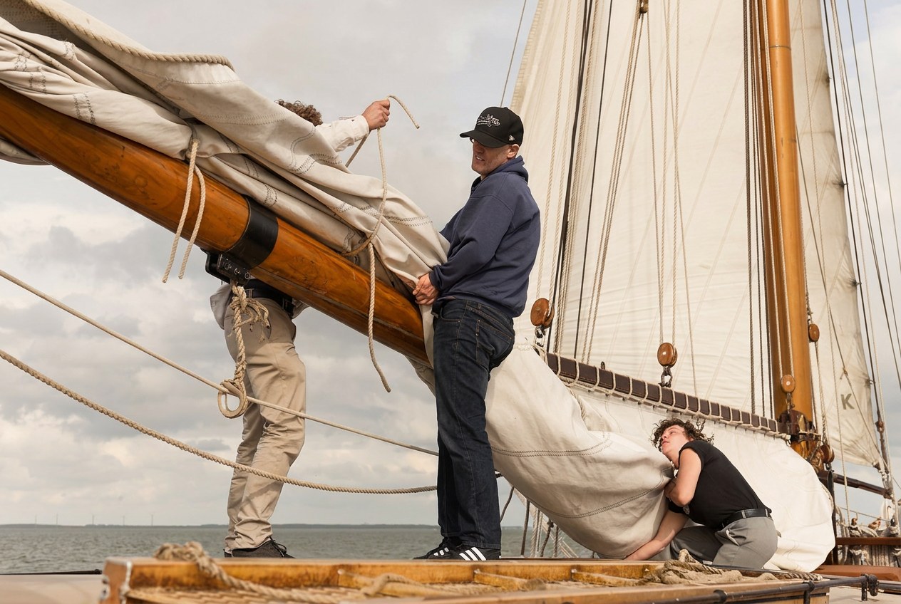 Bemanning hijst het grootzeil van een historisch klassiek zijlschip tijdens een bruiloft op het Markermeer